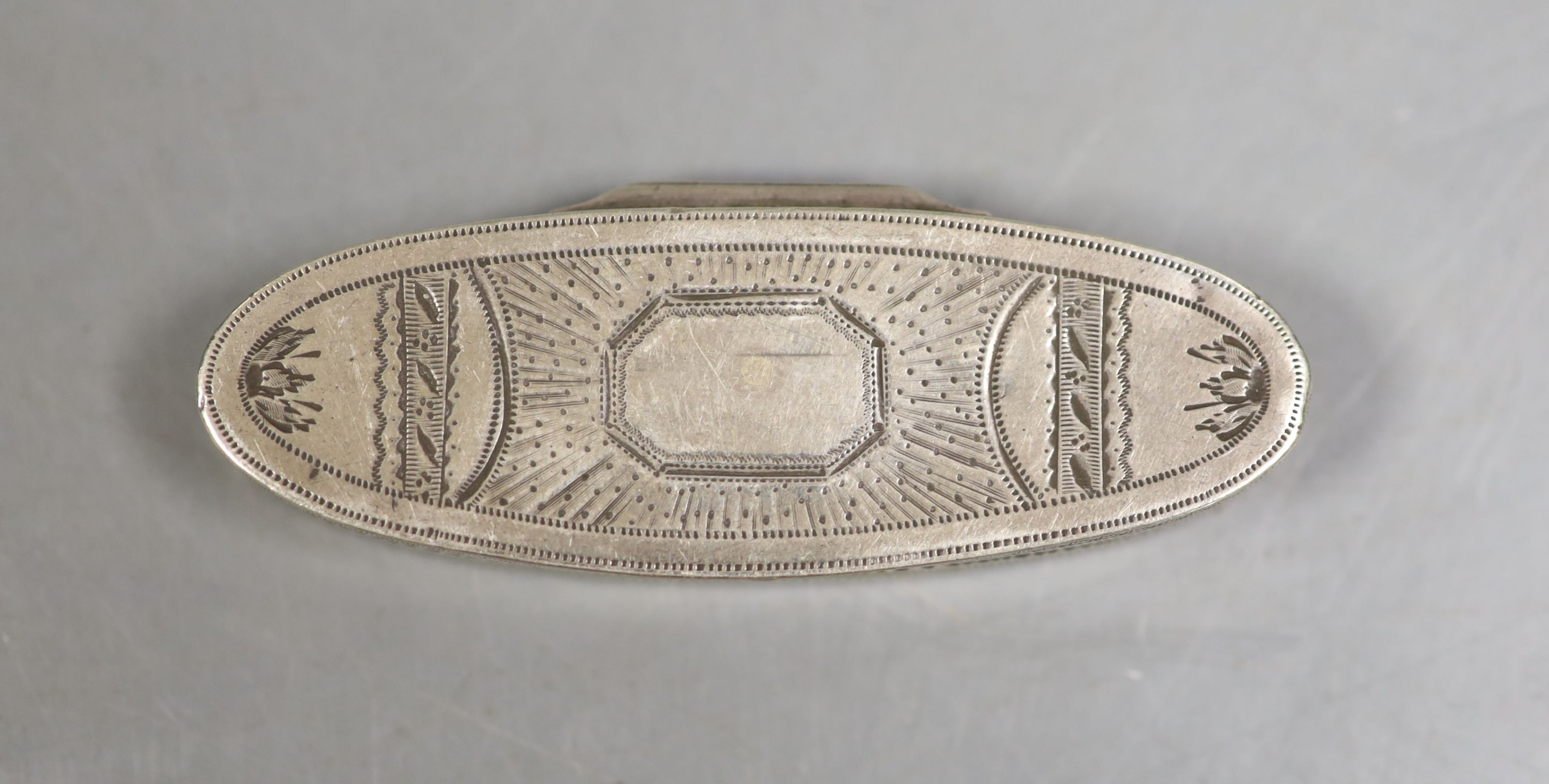 A George III engraved silver oval toothpick case, Birmingham, 1799, 65mm.